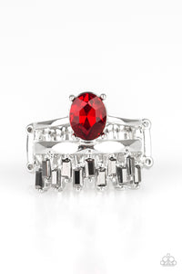 Three glistening silver bars arc across the finger, coalescing into a layered band. A fiery red gem crowns the uppermost band, while emerald-cut hematite rhinestones are encrusted along the lowermost band for a regal look. Features a stretchy band for a flexible fit.  Sold as one individual ring.