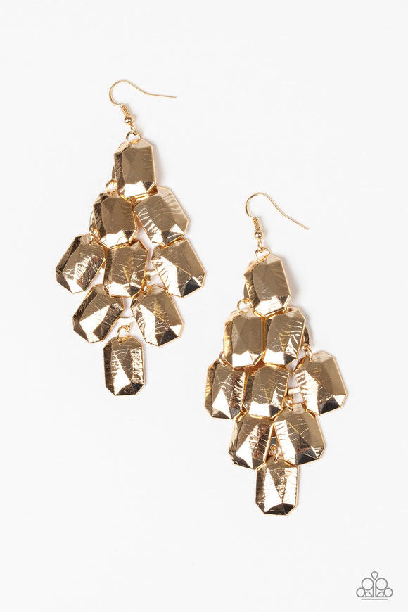 Delicately etched in linear patterns, faceted gold emerald-shaped frames cascade from the ear for a contemporary look. Earring attaches to a standard fishhook fitting.  Sold as one pair of earrings.