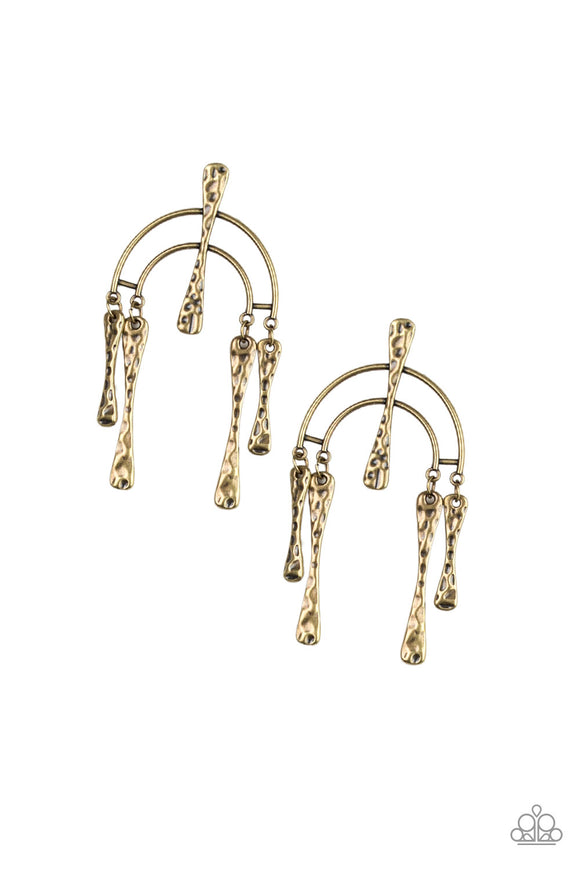 Hammered bars dangle from the ends of a bowing brass frame, creating an abstract lure. A matching brass bar adorns the center of the frame for a handcrafted finish. Earring attaches to a standard post fitting.  Sold as one pair of post earrings.