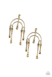 Hammered bars dangle from the ends of a bowing brass frame, creating an abstract lure. A matching brass bar adorns the center of the frame for a handcrafted finish. Earring attaches to a standard post fitting.  Sold as one pair of post earrings.