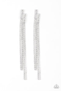 Radiating with dainty white rhinestones, asymmetrically stacked frames give way to strands of flat silver chains, creating an edgy chandelier. Earring attaches to a standard post fitting.  Sold as one pair of post earrings.