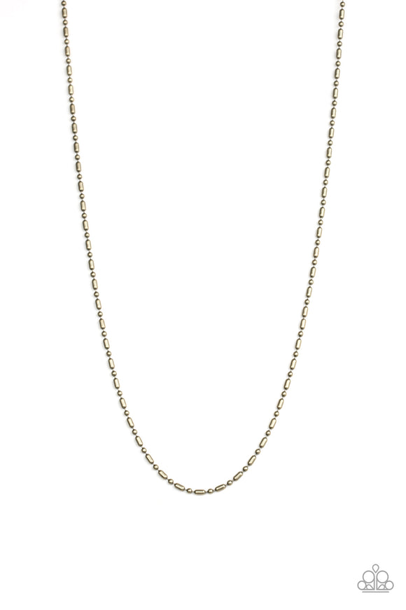 Brushed in an antiqued finish, a dainty brass ball and bar chain drapes across the chest for a casual look. Features an adjustable clasp closure.  Sold as one individual necklace.
