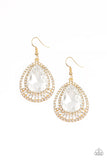 A dramatically oversized white teardrop gem is nestled inside doubled gold frames radiating with glassy white rhinestones for a jaw-dropping style. Earring attaches to a standard fishhook fitting.  Sold as one pair of earrings.