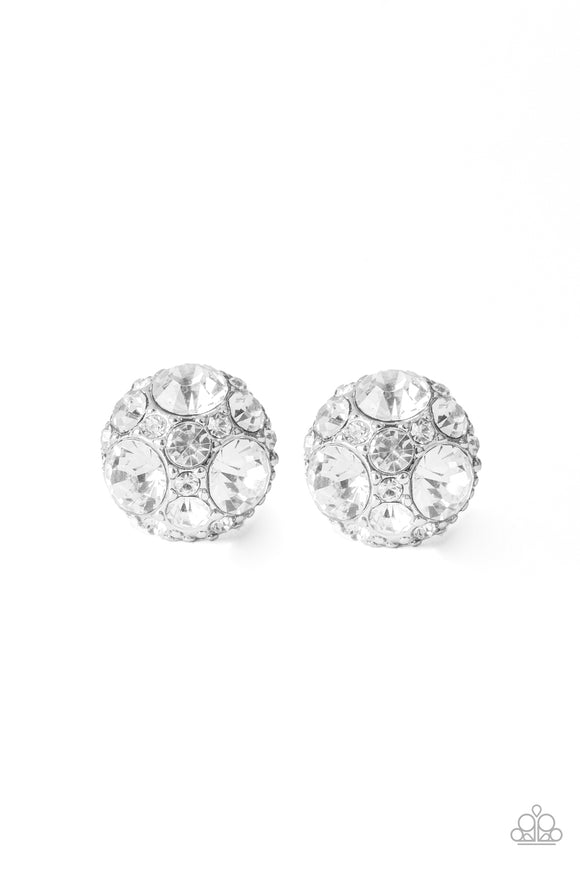 A collection of oversized and dainty white rhinestones is encrusted across the top of a round silver frame for a radiant look. Earring attaches to a standard post fitting.  Sold as one pair of post earrings.