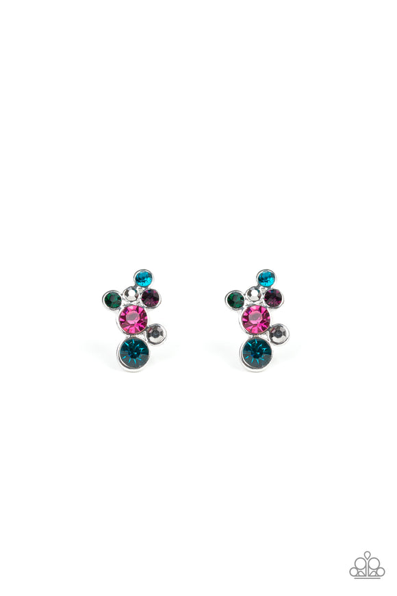 Encased in sleek silver fittings, a collision of glassy multicolored rhinestones coalesces into a glittery frame. Earring attaches to a standard post fitting  Sold as one pair of post earrings.