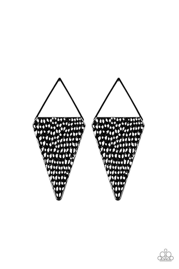 A hammered triangular frame attaches to a glistening gunmetal triangular silhouette, creating an edgy lure. Earring attaches to a standard post fitting.  Sold as one pair of post earrings.