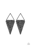 A hammered triangular frame attaches to a glistening gunmetal triangular silhouette, creating an edgy lure. Earring attaches to a standard post fitting.  Sold as one pair of post earrings.