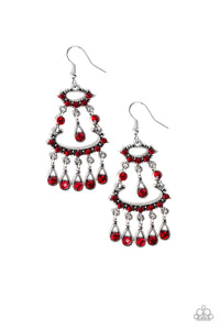 Dotted in dainty red rhinestones, stacked silver frames give way to a teardrop fringe encrusted in glassy red rhinestones, creating a refined chandelier. Earring attaches to a standard fishhook fitting.  Sold as one pair of earrings.