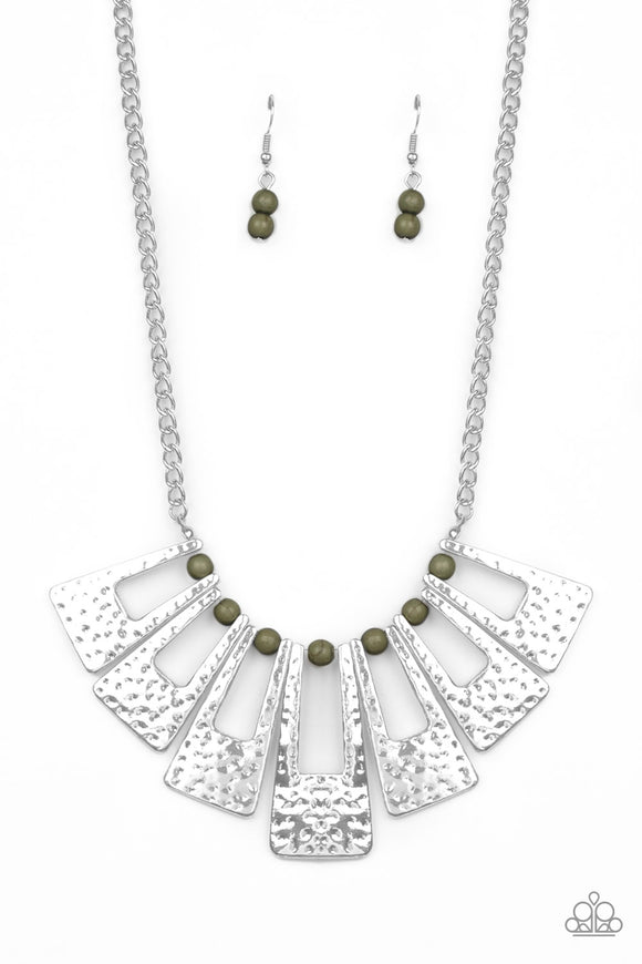 Infused with dainty green stone beads, hammered silver rectangular frames fan about below the collar for a bold seasonal look. Features an adjustable clasp closure.  Sold as one individual necklace. Includes one pair of matching earrings.