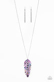 Speckled in colorful accents, dainty purple acrylic frames link into a whimsically stacked feather pendant at the bottom of a lengthened silver chain. Features an adjustable clasp closure.  Sold as one individual necklace. Includes one pair of matching earrings.