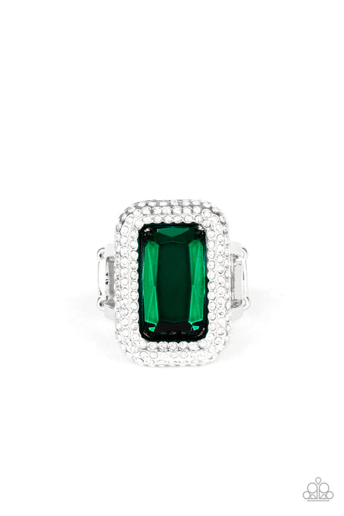 Featuring a regal emerald style cut, a dramatically oversized green rhinestone is nestled inside a silver frame encrusted in row after row of glassy white rhinestones for a blinding look. Features a stretchy band for a flexible fit.  Sold as one individual ring.