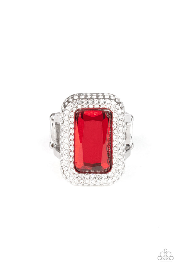 Featuring a regal emerald style cut, a dramatically oversized red rhinestone is nestled inside a silver frame encrusted in row after row of glassy white rhinestones for a blinding look. Features a stretchy band for a flexible fit.  Sold as one individual ring.