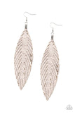 Brushed in a shimmery metallic finish, a flat leather feather frame swings from the ear for a statement-making finish. Earring attaches to a standard fishhook fitting.  Sold as one pair of earrings.