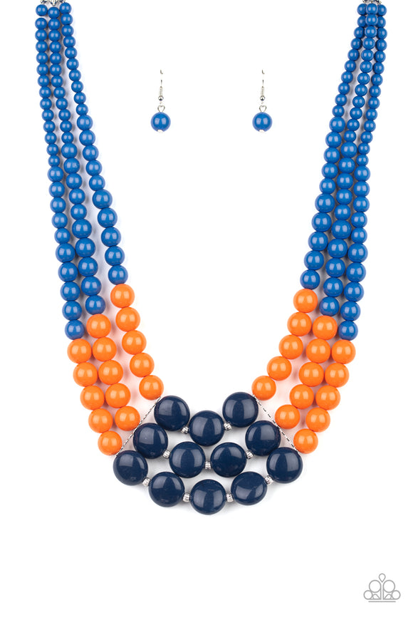 Held together by dainty silver fittings, strands of beads fade from blue to orange to navy blue along invisible wires below the collar for a statement-making finish. Features an adjustable clasp closure.  Sold as one individual necklace. Includes one pair of matching earrings.