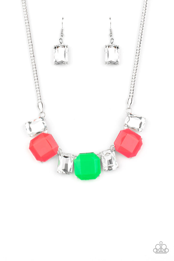 Neon pink and green beads connect with exaggerated emerald style white rhinestones, creating vivacious sparkle below the collar. Features an adjustable clasp closure.  Sold as one individual necklace. Includes one pair of matching earrings.