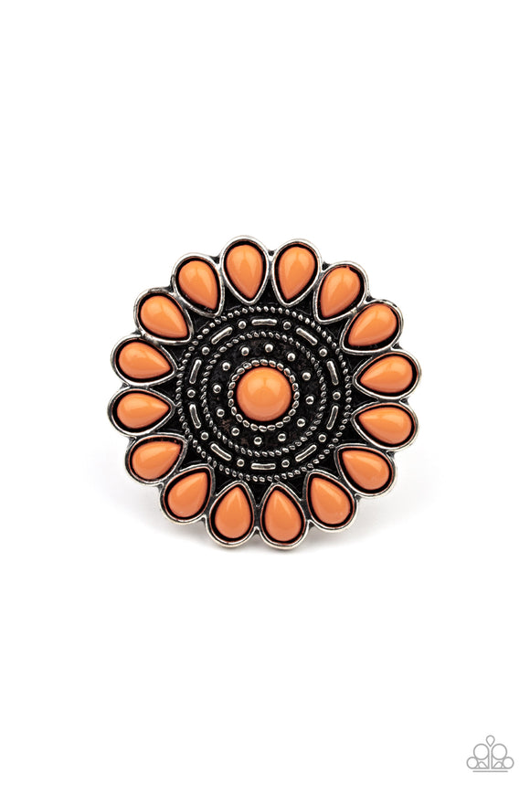 A collection of orange beaded petals flare out from a textured silver center, creating a whimsical flower atop the finger. Features a stretchy band for a flexible fit.  Sold as one individual ring.