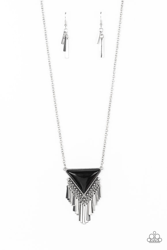 A triangular black bead is pressed into the top of a studded silver frame at the bottom of a classic silver chain. Flared silver bars swing from the bottom of the collar pendant, creating a bold fringe. Features an adjustable clasp closure.  Sold as one individual necklace. Includes one pair of matching earrings.