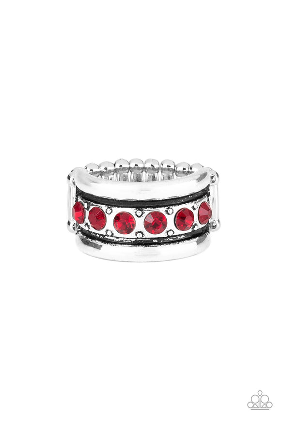 Infused with dainty silver studs, a row of fiery red rhinestones is boldly displayed along the center of a beveled silver band for a fierce look. Features a stretchy band for a flexible fit.  Sold as one individual ring.