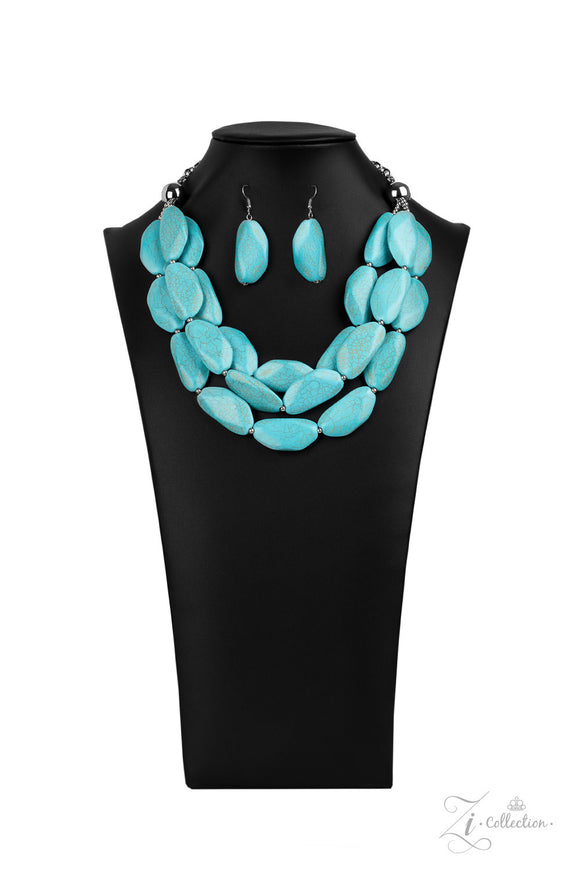 Three groundbreaking tiers of faceted turquoise stones and dainty silver beads layer down the chest, creating bold layers. The earthy stones combine flawlessly with strands of silver chain, pioneering the way for the trendsetters everywhere. Features an adjustable clasp closure.  Sold as one individual necklace. Includes one pair of matching earrings.