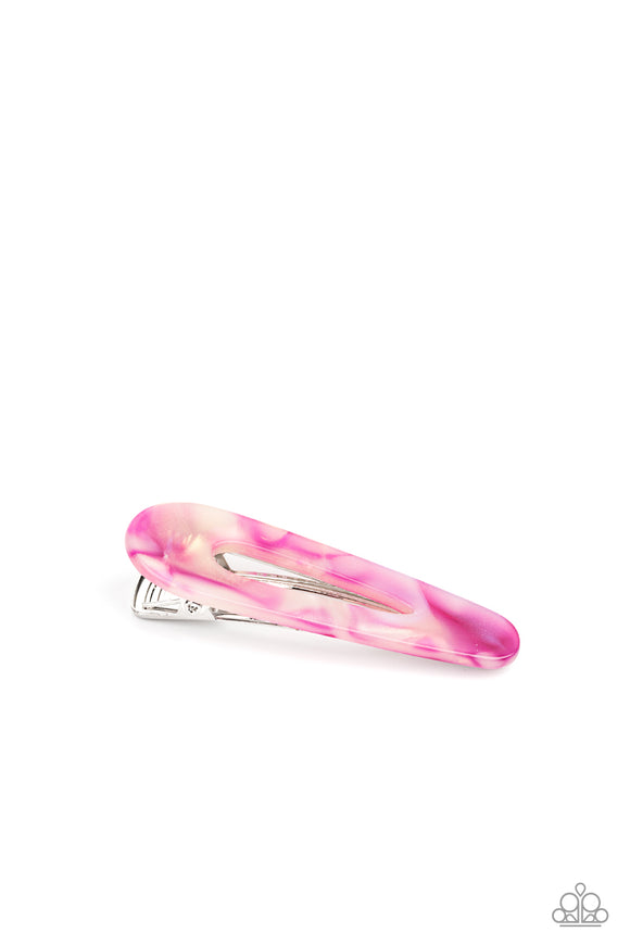 Featuring a shell-like iridescence, a pink frame pulls back the hair for a colorful retro look. Features a standard hair clip on the back.  Sold as one pair of hair clips.