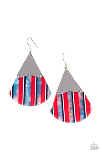 Streaked in sections of iridescent shell and red, white, and blue stripes, a wavy acrylic frame links to the bottom of a delicately hammered silver triangular plate, creating a colorful lure. Earring attaches to a standard fishhook fitting.  Sold as one pair of earrings.