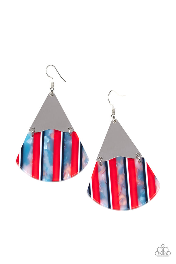 Streaked in sections of iridescent shell and red, white, and blue stripes, a wavy acrylic frame links to the bottom of a delicately hammered silver triangular plate, creating a colorful lure. Earring attaches to a standard fishhook fitting.  Sold as one pair of earrings.