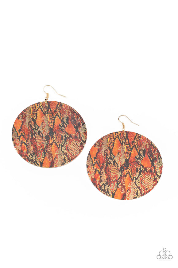 Featuring a colorful python print on the front and back, an oversized gold disc swings from the ear for a wild look. Earring attaches to a standard fishhook fitting.  Sold as one pair of earrings.