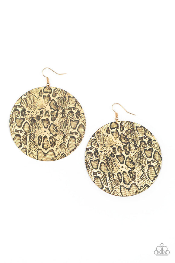 Featuring black python print on the front and back, an oversized gold disc swings from the ear for a wild look. Earring attaches to a standard fishhook fitting.  Sold as one pair of earrings.