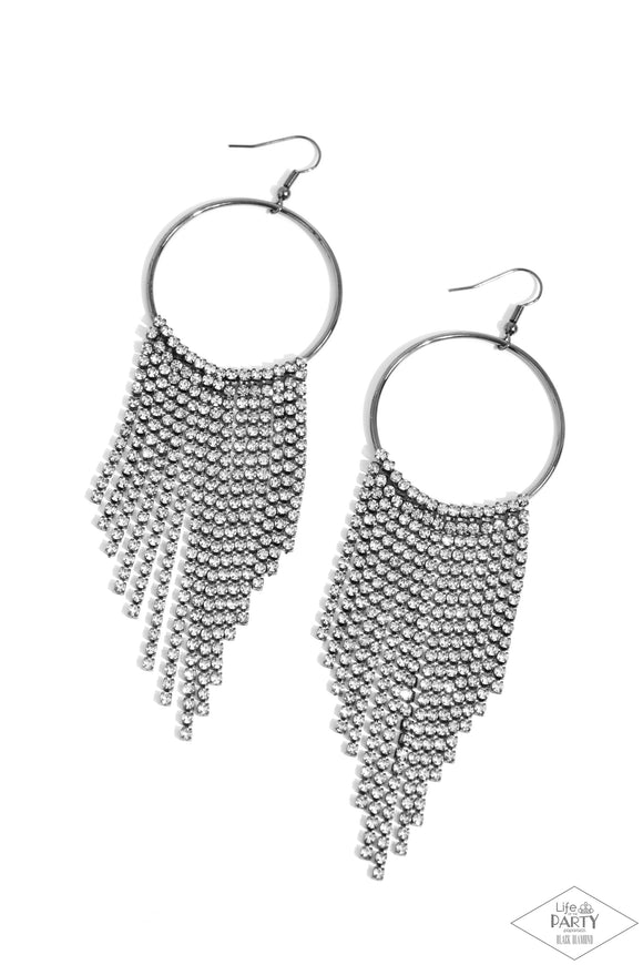 <p>Tapered rows of glittery white rhinestones cascade from the bottom of a shiny gunmetal hoop, creating a glamorously glitzy fringe. Earring attaches to a standard fishhook fitting.</p> <p><i> Sold as one pair of earrings.</i></p>