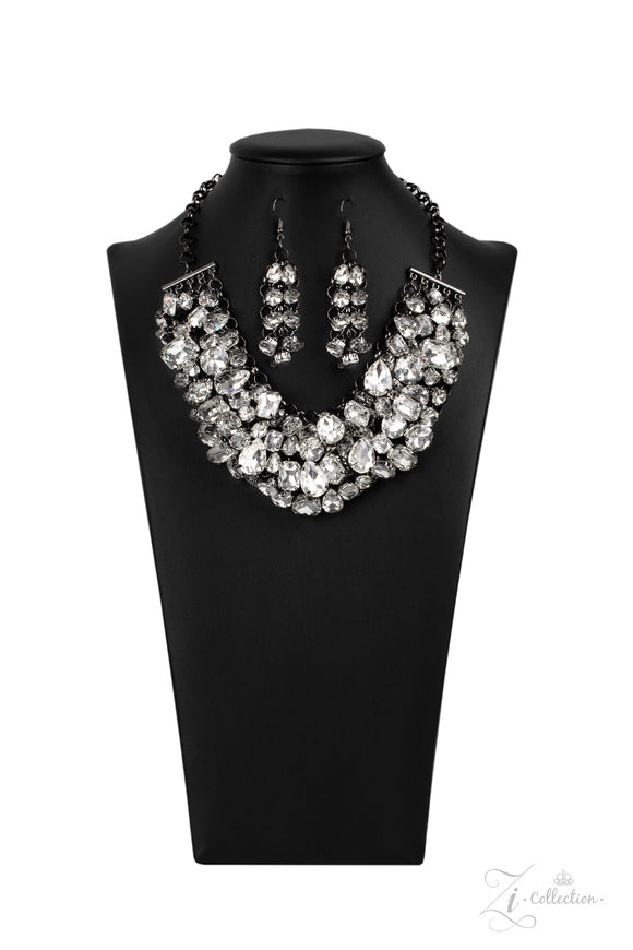 A modern mashup of round, teardrop, and emerald cut white rhinestones link into jam-packed rows of jaw-dropping radiance. Attached to an interconnected gunmetal mesh backdrop, the clustered fringe fabulously drapes below the collar in a spellbinding fashion. Features an adjustable clasp closure.  Sold as one individual necklace. Includes one pair of matching earrings.
