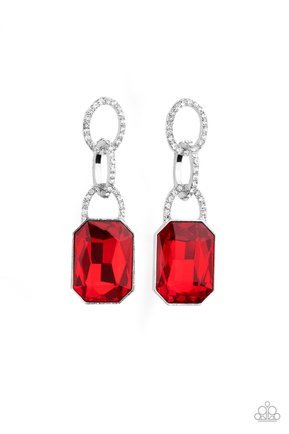 An oversized red emerald-cut rhinestone swings from the bottom of white rhinestone encrusted links, creating a gorgeously dramatic lure. Earring attaches to a standard post fitting.  Sold as one pair of post earrings.