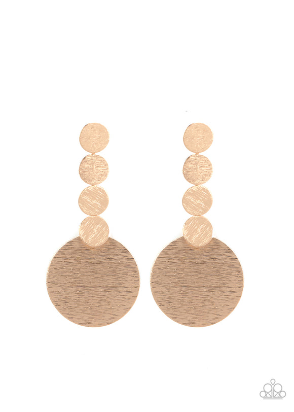 Featuring a delicately scratched surface, a row of dainty gold discs connects to a large gold disc, creating a bold display. Earring attaches to a standard post fitting.  Sold as one pair of post earrings.