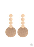 Featuring a delicately scratched surface, a row of dainty gold discs connects to a large gold disc, creating a bold display. Earring attaches to a standard post fitting.  Sold as one pair of post earrings.