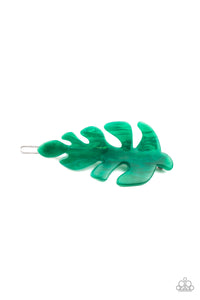 Brushed in a shiny finish, a green acrylic leaf delicately pulls back the hair for a seasonal inspired look. Features a clamp barrette closure.  Sold as one individual hair clip.