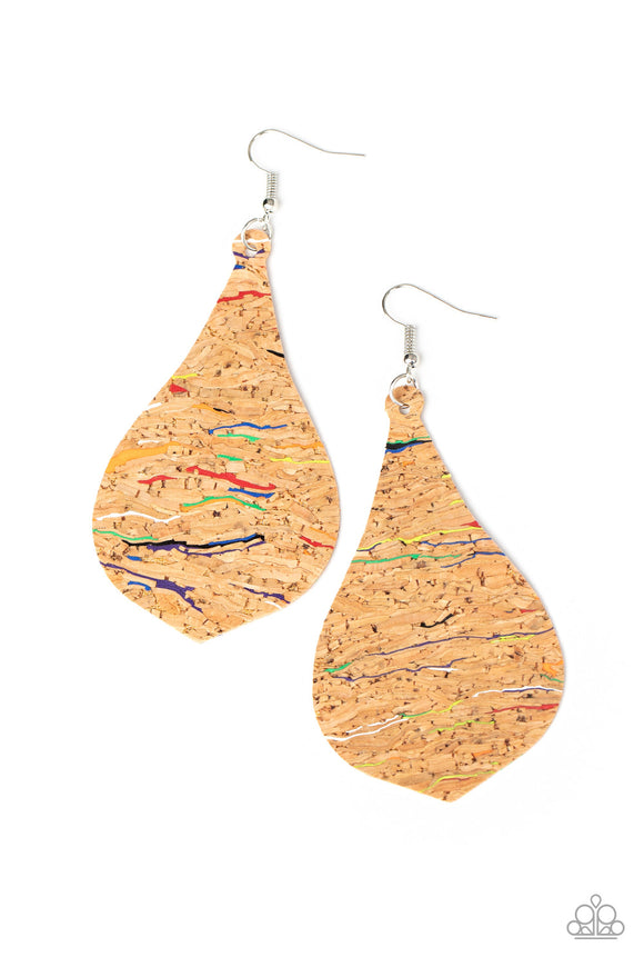 Streaked in colorful multicolored accents, a teardrop cork frame swings from the ear for a trendy vibe. Earring attaches to a standard fishhook fitting.  Sold as one pair of earrings.