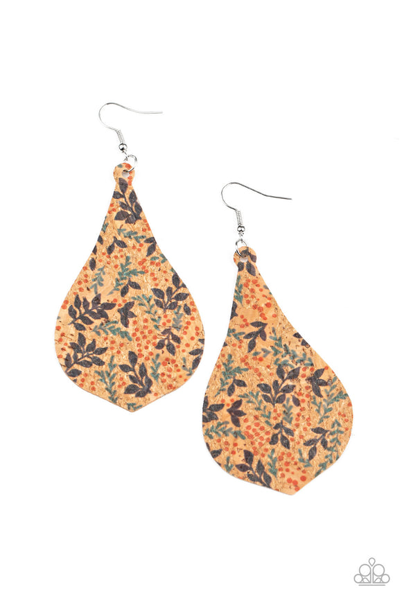 Featuring a colorful leafy pattern, a teardrop cork frame swings from the ear for a trendy vibe. Earring attaches to a standard fishhook fitting.  Sold as one pair of earrings.
