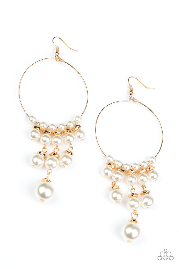Tiers of faceted gold beads and bubbly white pearls dangle from the bottom of a dainty gold wire hoop, creating an elegant fringe. Earring attaches to a standard fishhook fitting.  Sold as one pair of earrings.