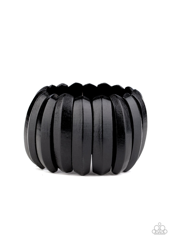 Painted in a shiny black finish, beveled wooden frames are threaded along stretchy bands around the wrist for a summery look.  Sold as one individual bracelet.