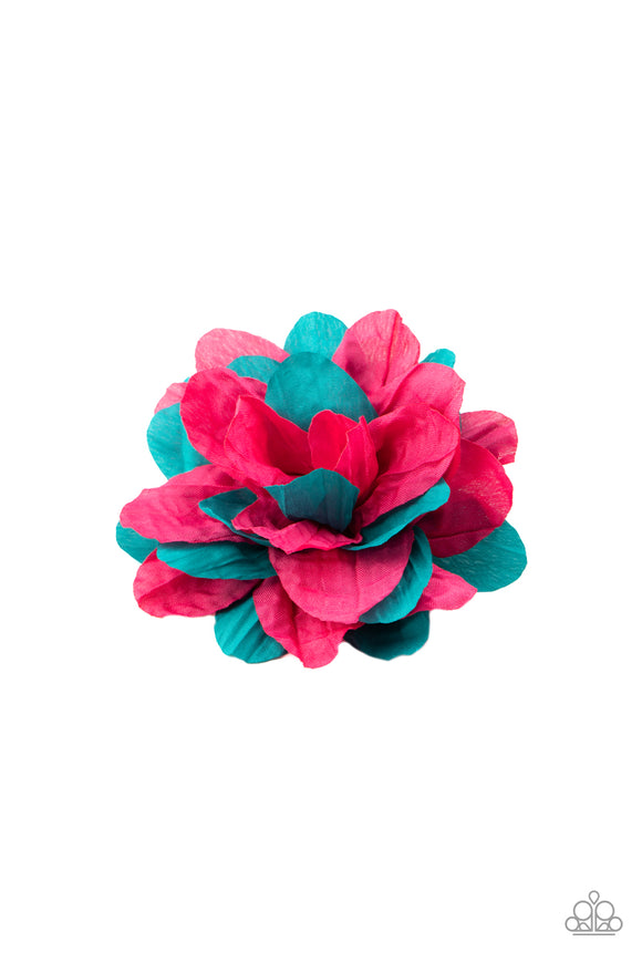 Crinkly pink and turquoise petals delicately blossom into a colorful flower. Features a standard hair clip.  Sold as one individual hair clip.