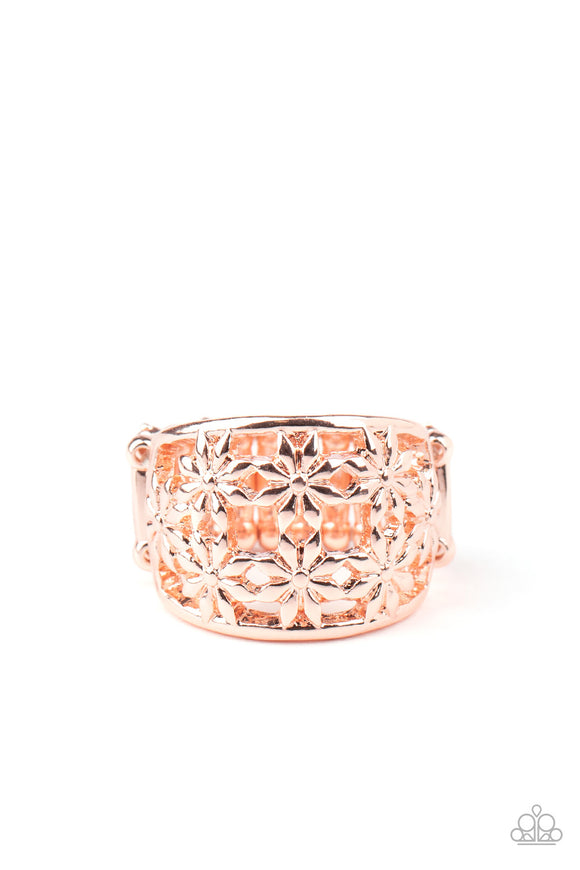 Two rows of shiny rose gold daisies dance across the finger, coalescing into a whimsical floral band. Features a stretchy band for a flexible fit.  Sold as one individual ring.