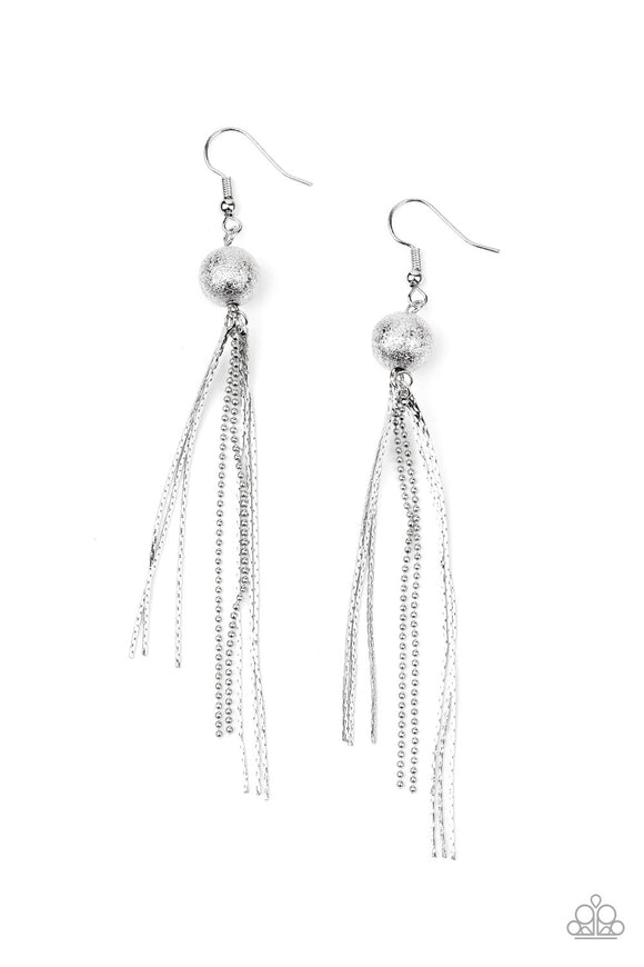 A silver foiled bead gives way to matching flattened and dainty ball chains, creating a sleek tasseled look. Earring attaches to a post fitting.  Sold as one pair of earrings.