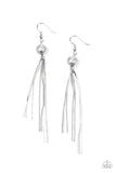 A silver foiled bead gives way to matching flattened and dainty ball chains, creating a sleek tasseled look. Earring attaches to a post fitting.  Sold as one pair of earrings.