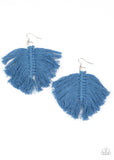 Rustic blue threaded tassels knot into a leaf-shaped frame, creating a colorful macramé inspired fringe. Earring attaches to a standard fishhook fitting.  Sold as one pair of earrings.