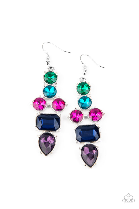 Featuring emerald, round, and teardrop shapes, a sparkly series of green, blue, pink, and purple rhinestones coalesce into a dramatically regal lure. Earring attaches to a standard fishhook fitting.  Sold as one pair of earrings.