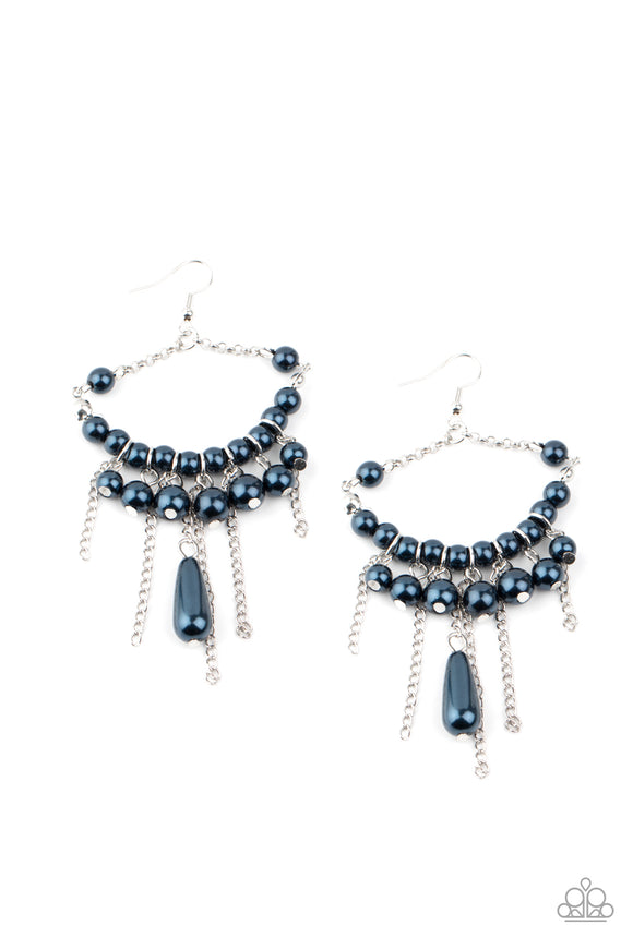 A fringe of silver chains and classic pearly blue beads swing from the bottom of a matching pearly beaded chandelier-like frame, giving way to an elongated pearly blue teardrop for a vintage inspired elegance. Earring attaches to a standard fishhook fitting.  Sold as one pair of earrings.