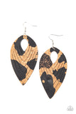 Spotted in shiny black accents, a flat cork teardrop is spliced into a rippling frame for an earthy fashion. Earring attaches to a standard fishhook fitting.  Sold as one pair of earrings.