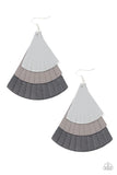 Featuring tapered edges, Ultimate Gray, gray, and black leather triangular frames delicately overlap into a colorfully rustic frame. Earring attaches to a standard fishhook fitting.  Sold as one pair of earrings.