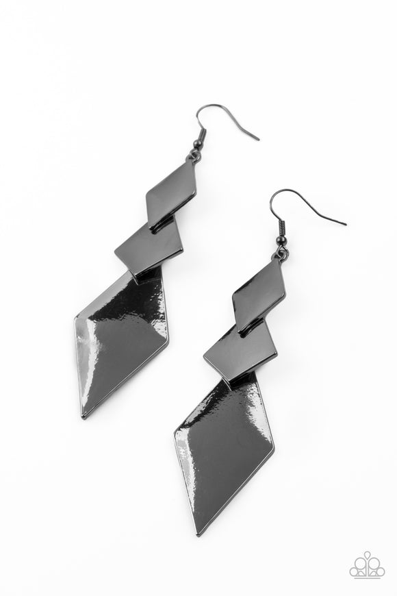 A trio of shiny mismatched kite-shaped frames overlap into a sharp-looking lure. Earring attaches to a standard fishhook fitting.  Sold as one pair of earrings.