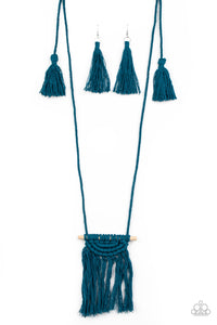 Refreshing Mosaic Blue cording delicately wraps around a dainty wooden dowel, knotting into a tasseled macramé centerpiece at the bottom of a dramatically lengthened display. Features an adjustable sliding knot closure.  Sold as one individual necklace. Includes one pair of matching earrings.