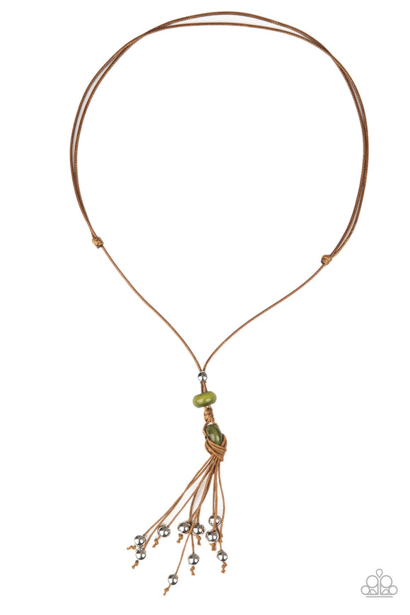 Infused with silver beaded tassels, shiny brown cording knots around glassy green beads at the bottom of a lengthened brown cord for a whimsical look. Features an adjustable sliding knot closure.  Sold as one individual necklace.